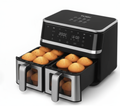 Friggitrice ad aria dual zone nera con due cestelli e finestre in vetro.