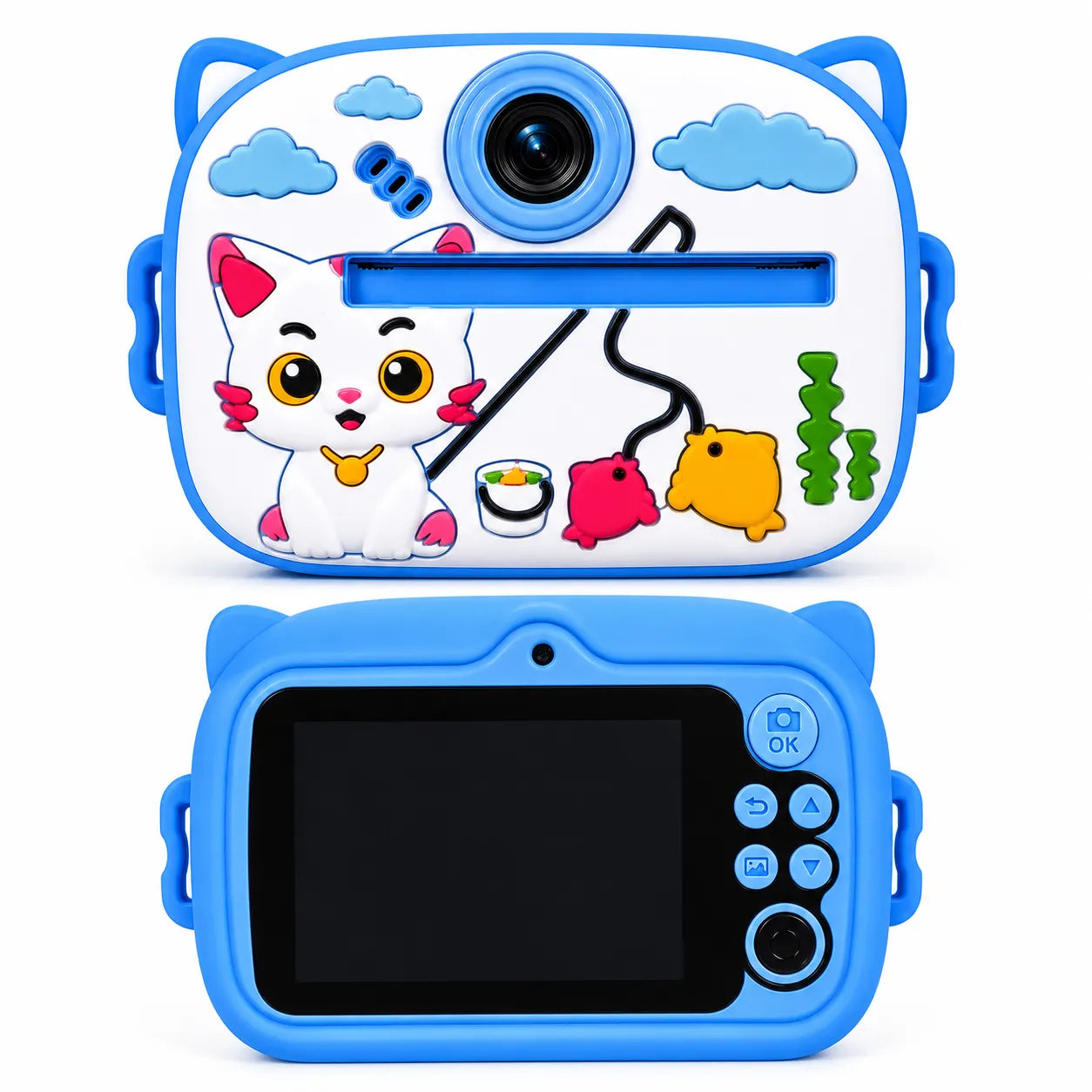Mini fotocamera educativa blu con stampa istantanea, fronte con gatto e retro con display
