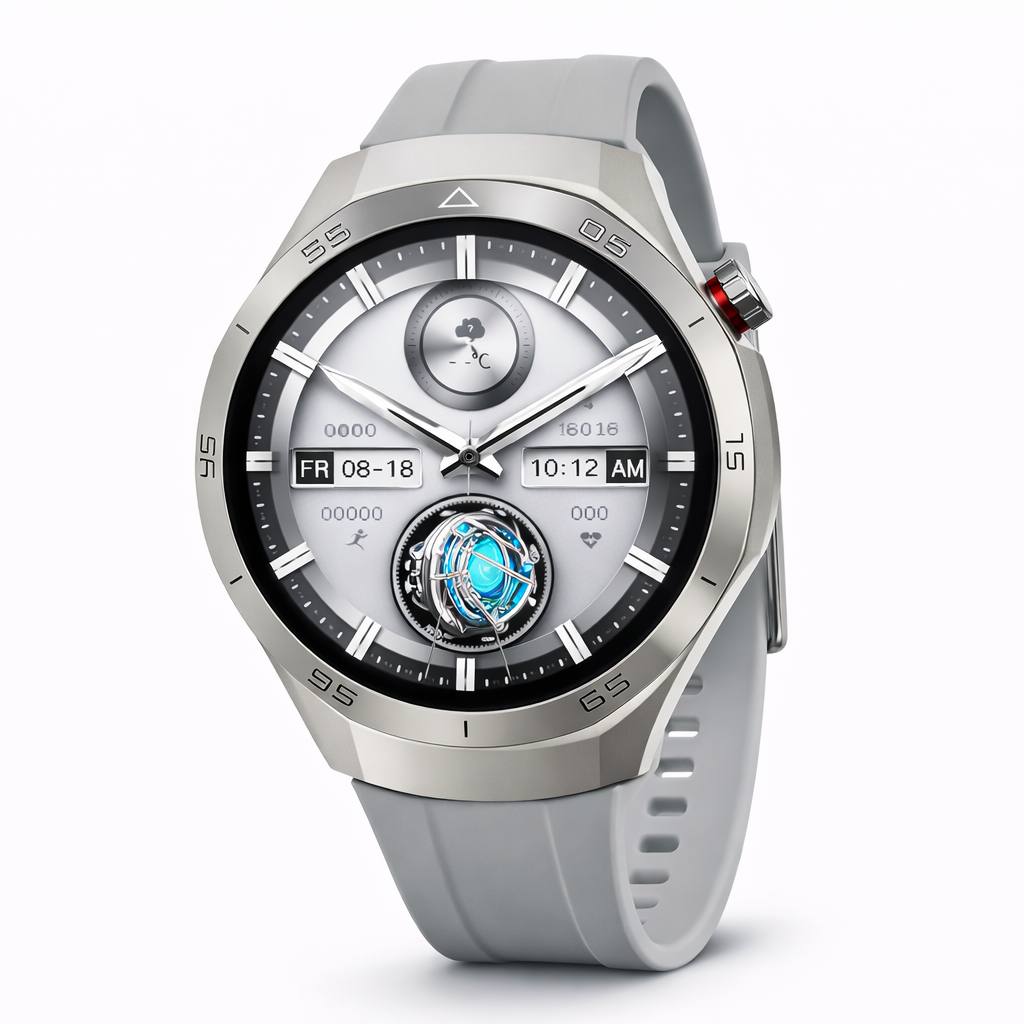 Smartwatch con cinturino grigio e quadrante grigio con grafica movimento