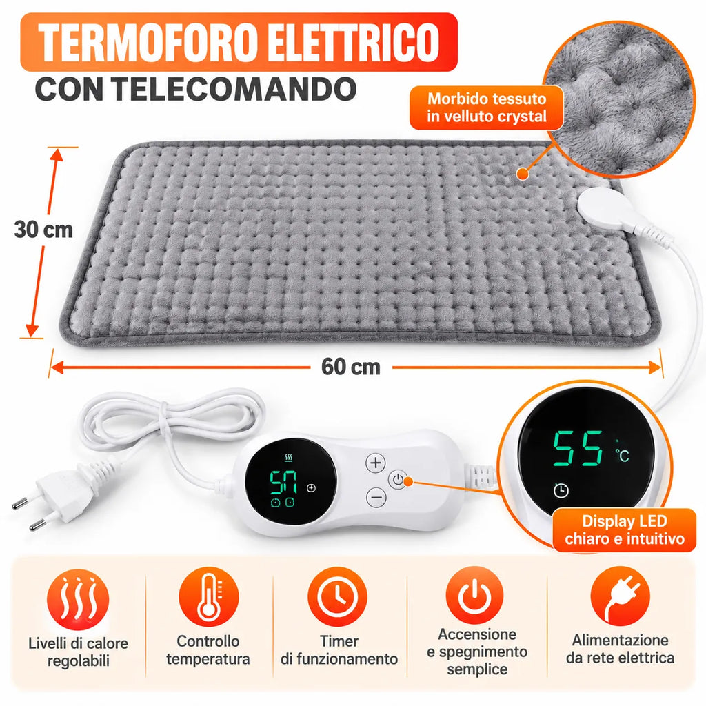 Cuscino riscaldante grigio con telecomando e display LED 55°C