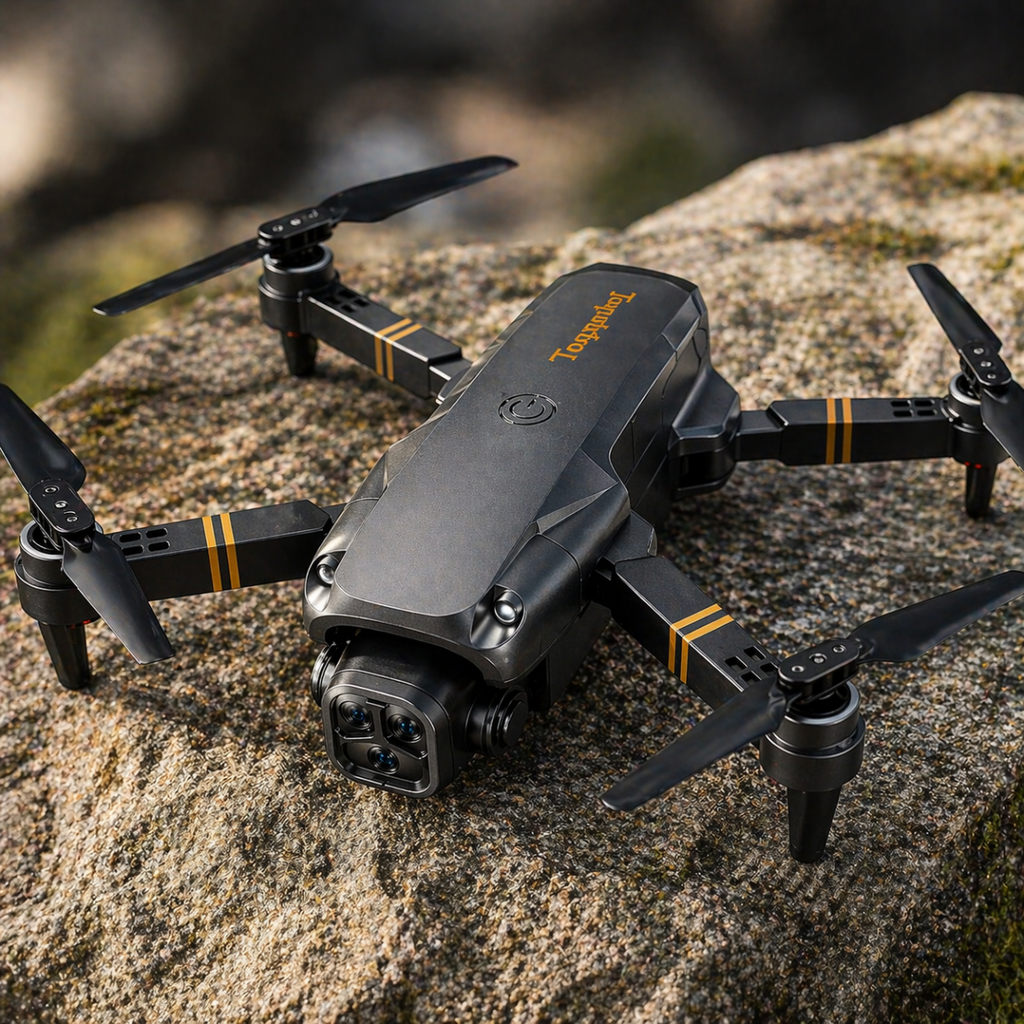 Mini drone pieghevole con telecamera HD, corpo grigio scuro, pronto al volo