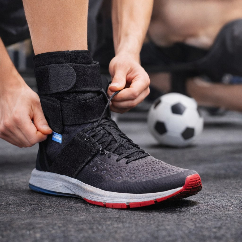Tutore caviglia nero con fascia centrale e cinturini laterali su scarpa sportiva