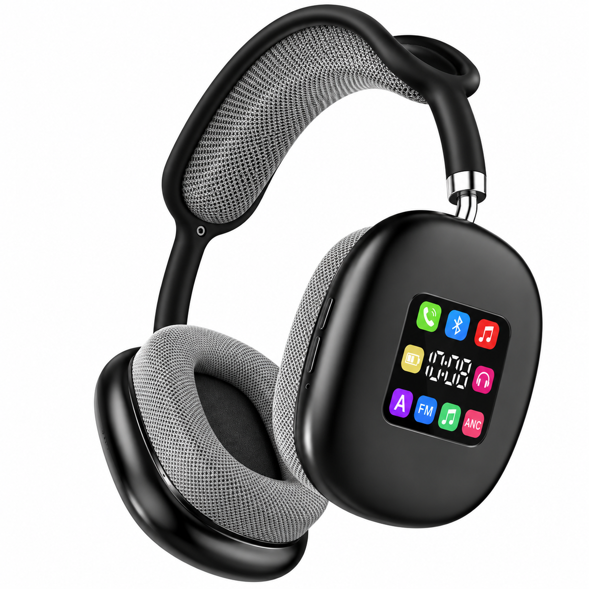 Cuffie wireless over-ear nere con display LED e pad in tessuto