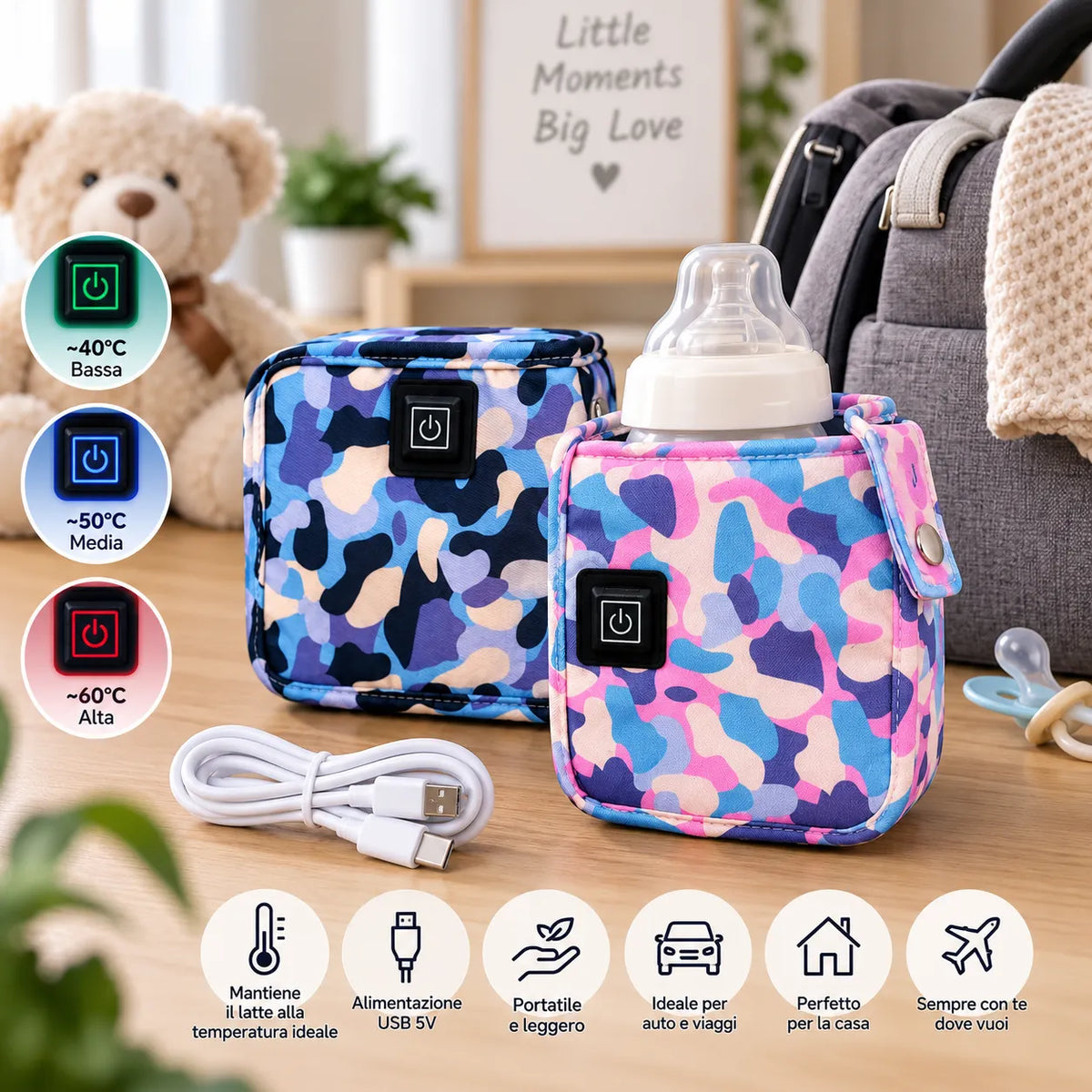 Borsa termica scaldabiberon USB mimetica blu con pannello e cavo USB
