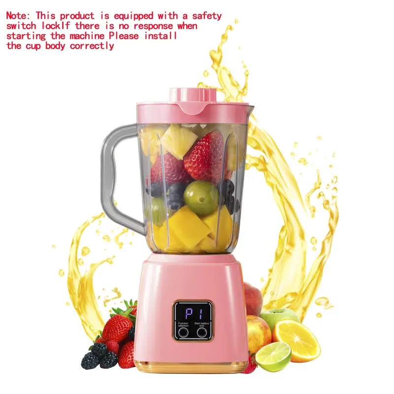 Frullatore portatile USB rosa con caraffa trasparente e base con display, manico laterale