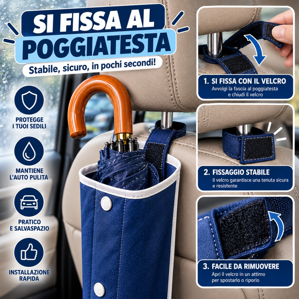 Custodia blu per ombrelli con cinghia in velcro per fissaggio al poggiatesta