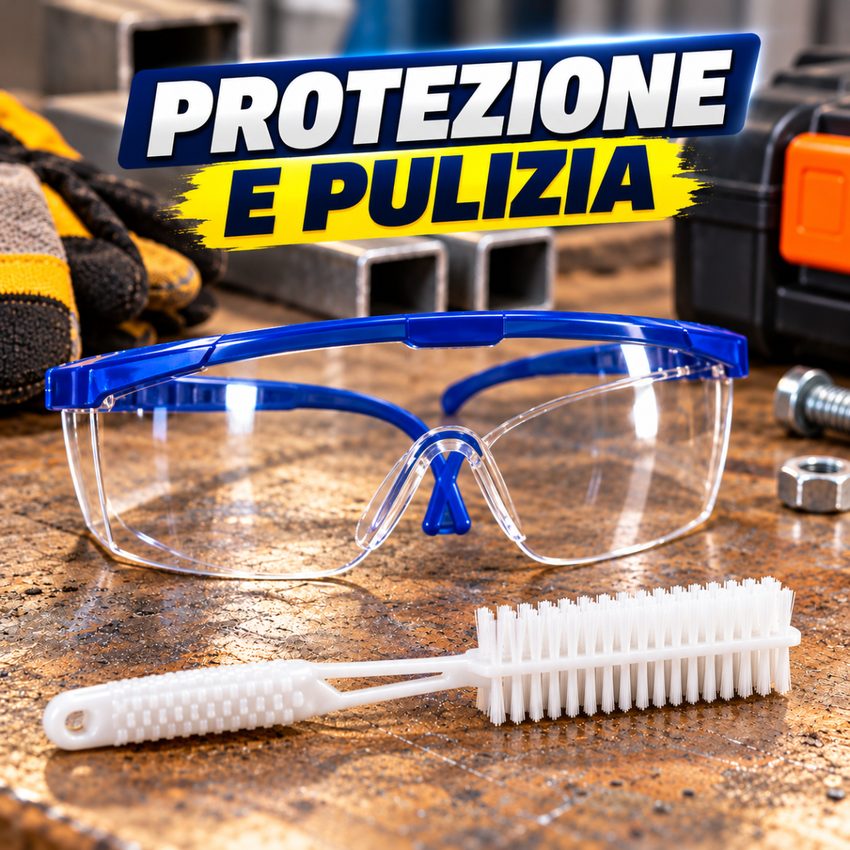 Occhiali di protezione trasparenti e spazzole bianche, set accessori