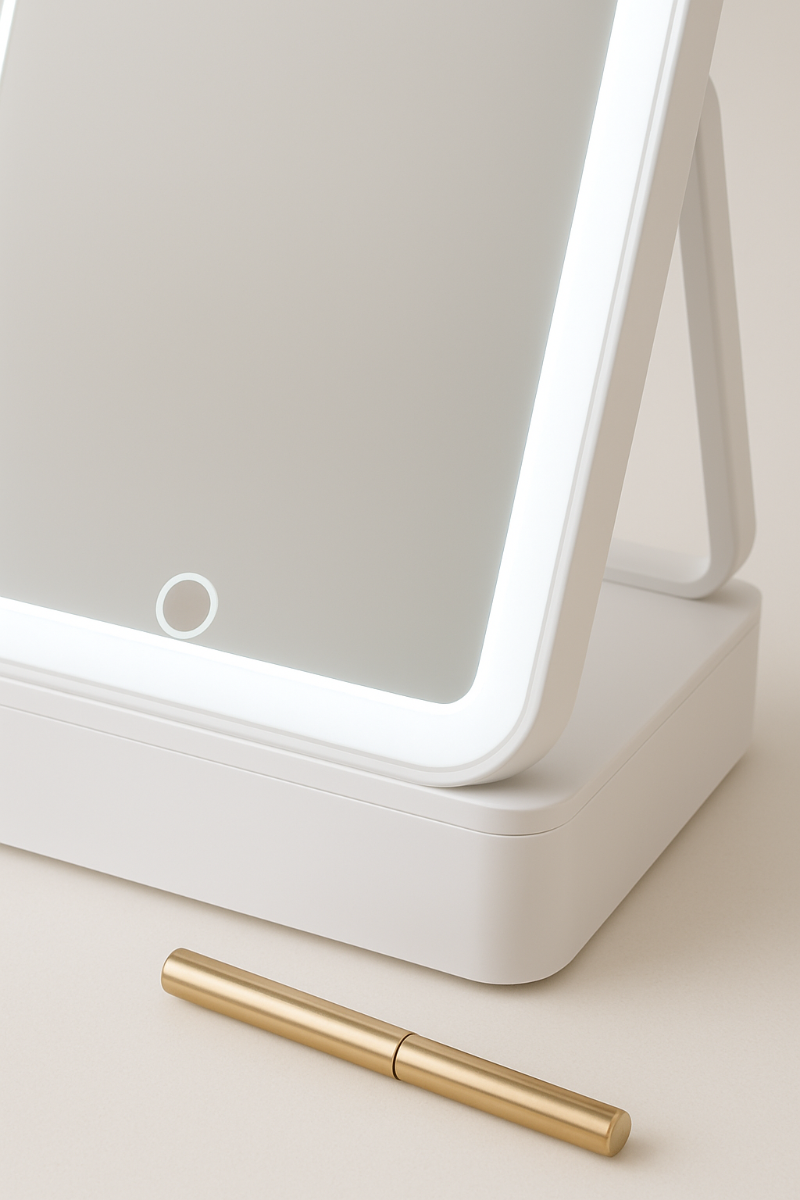 Specchio trucco LED touch bianco con cornice luminosa e base compatta da appoggio