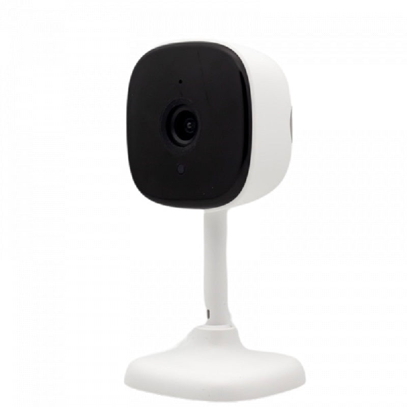 Telecamera WiFi da interno con corpo bianco, lente scura e base rotonda