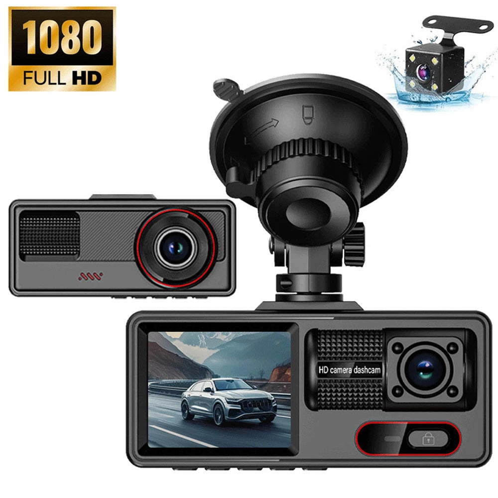 Dash cam tripla con telecamera frontale e schermo, supporto a ventosa, nero