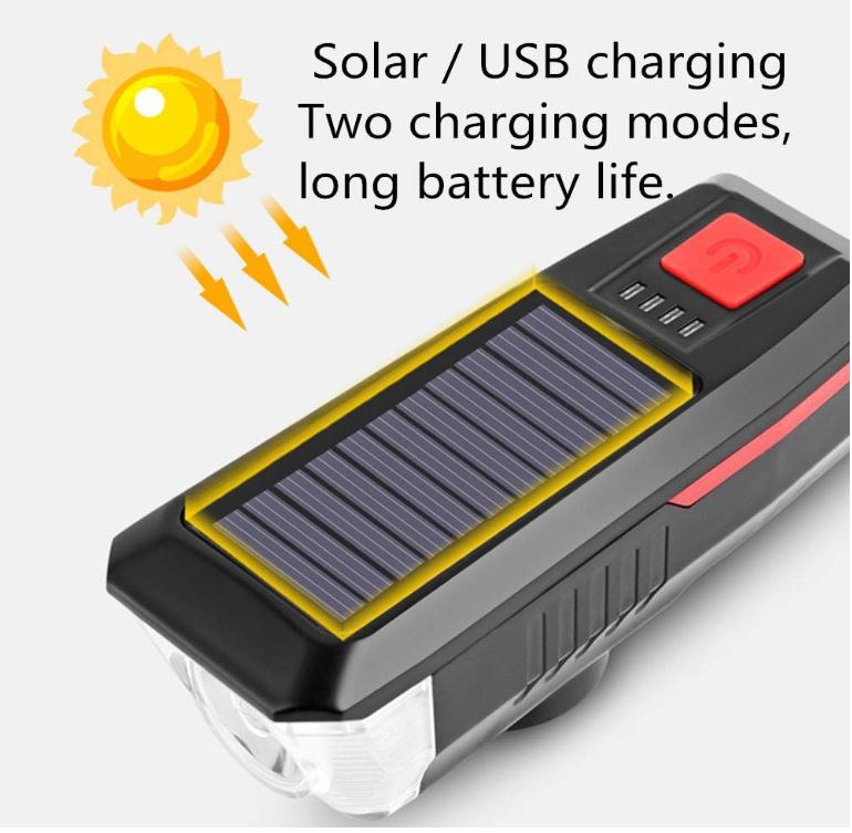 Luce per bici con pannello solare e ricarica USB, tasto rosso, staffa nera.