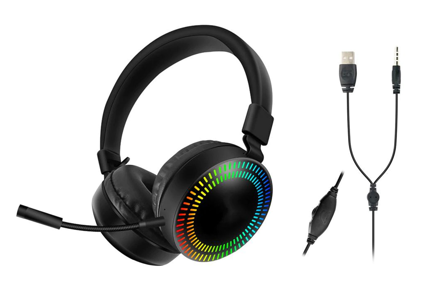 Cuffie gaming nere con microfono a braccio e luci LED RGB circolari