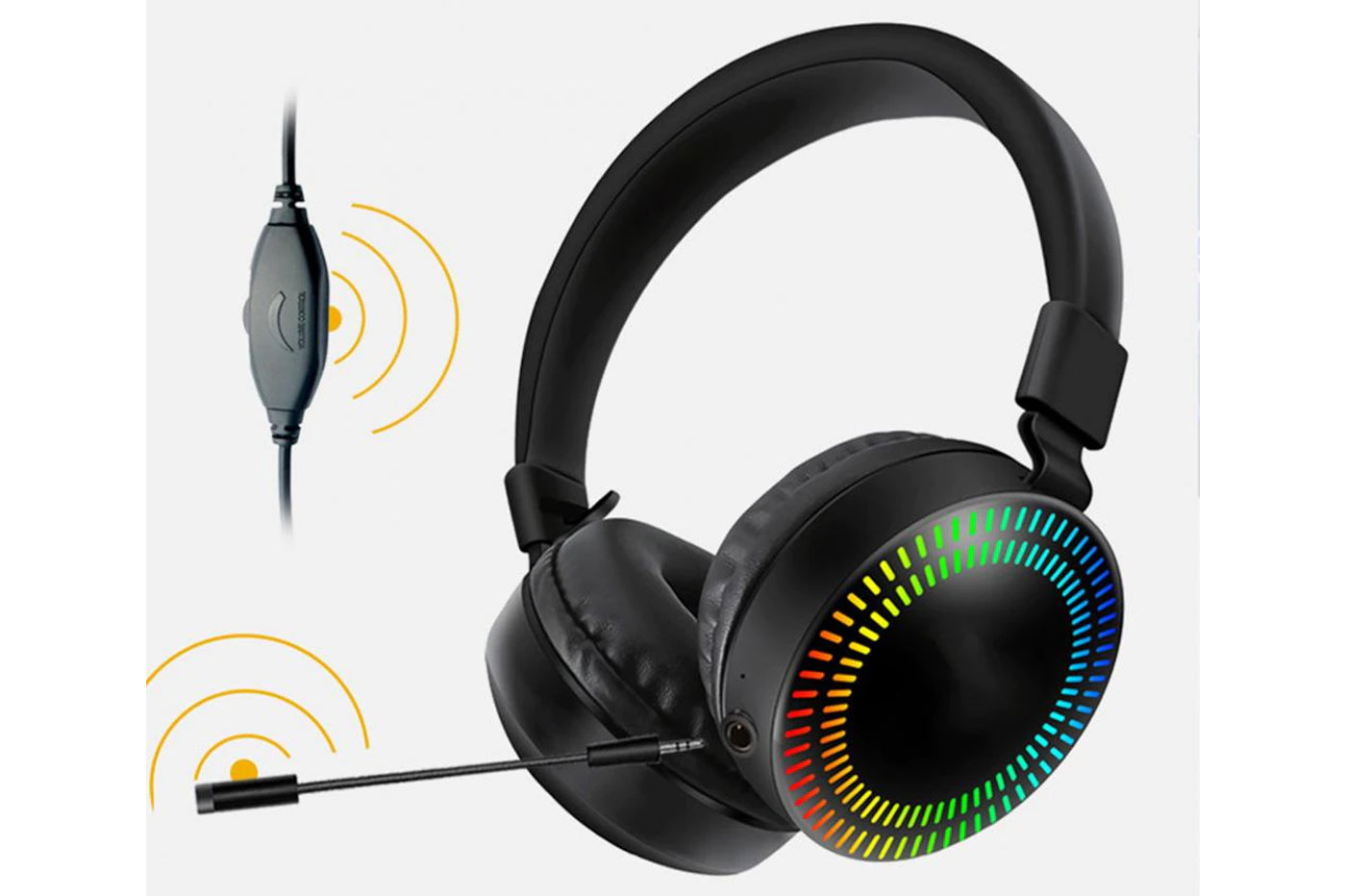 Cuffie gaming nere con LED RGB e controller volume sul cavo