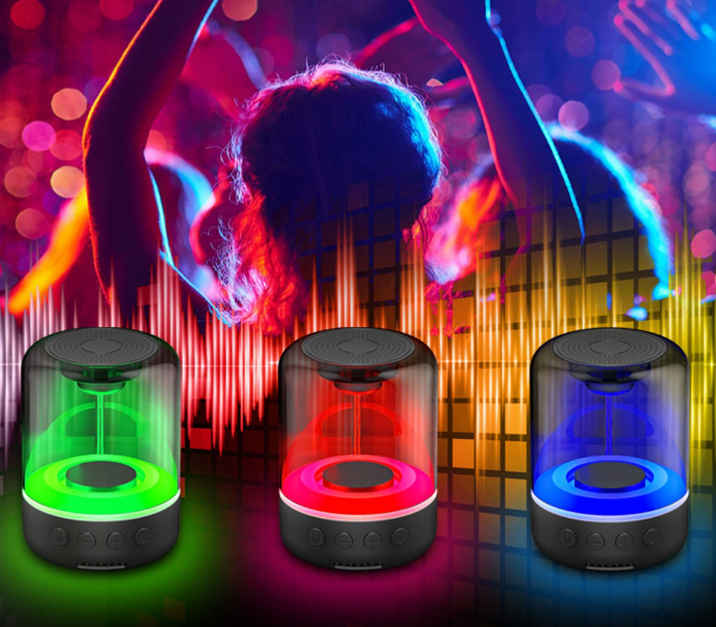 Mini altoparlante con luci LED RGB su più colori: verde, rosso e blu