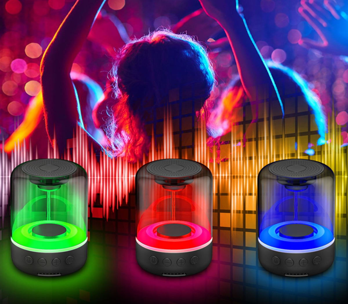 Mini altoparlante con luci LED RGB su più colori: verde, rosso e blu