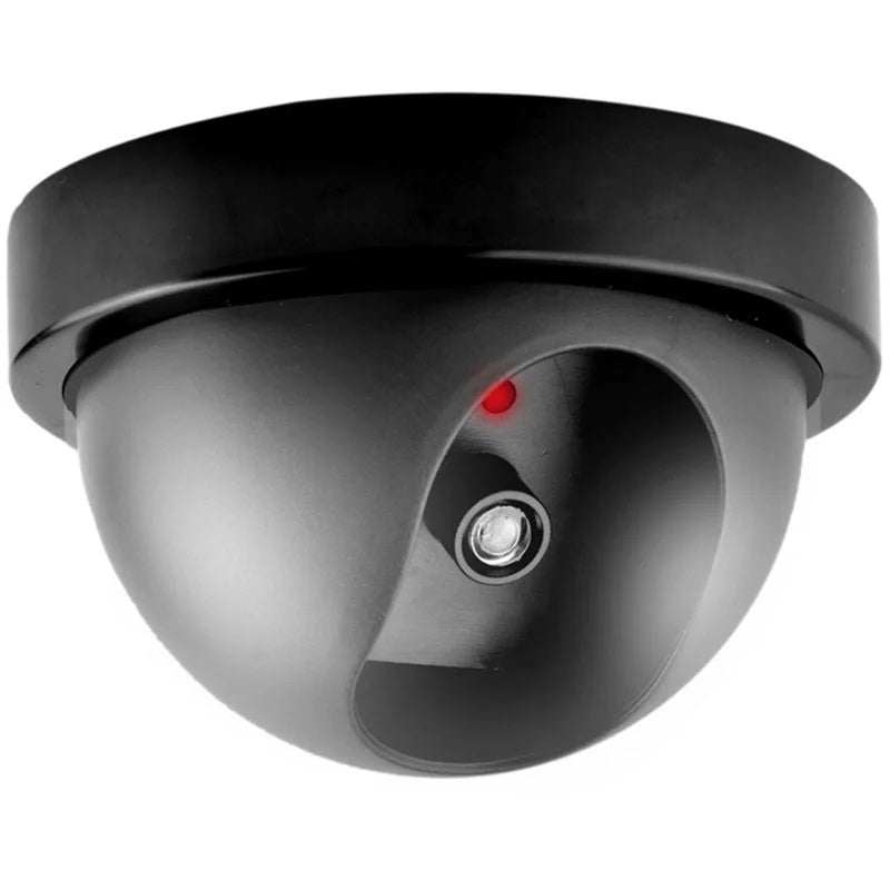 Telecamera di sorveglianza finta a cupola nera con LED rosso lampeggiante e lente