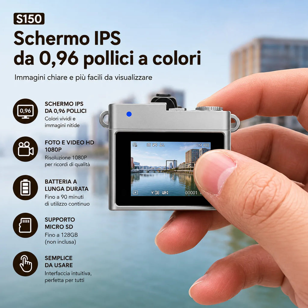 Mini fotocamera portachiavi con schermo IPS acceso, corpo argento e inserti marroni.