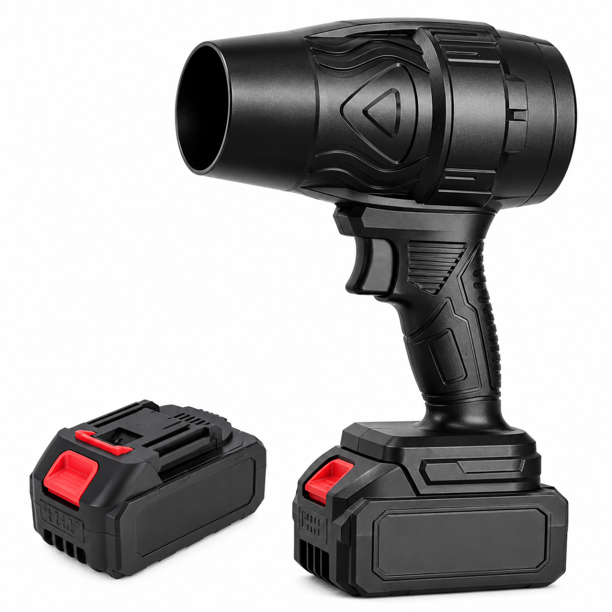 Soffiatore cordless nero con batteria al litio e due batterie in foto