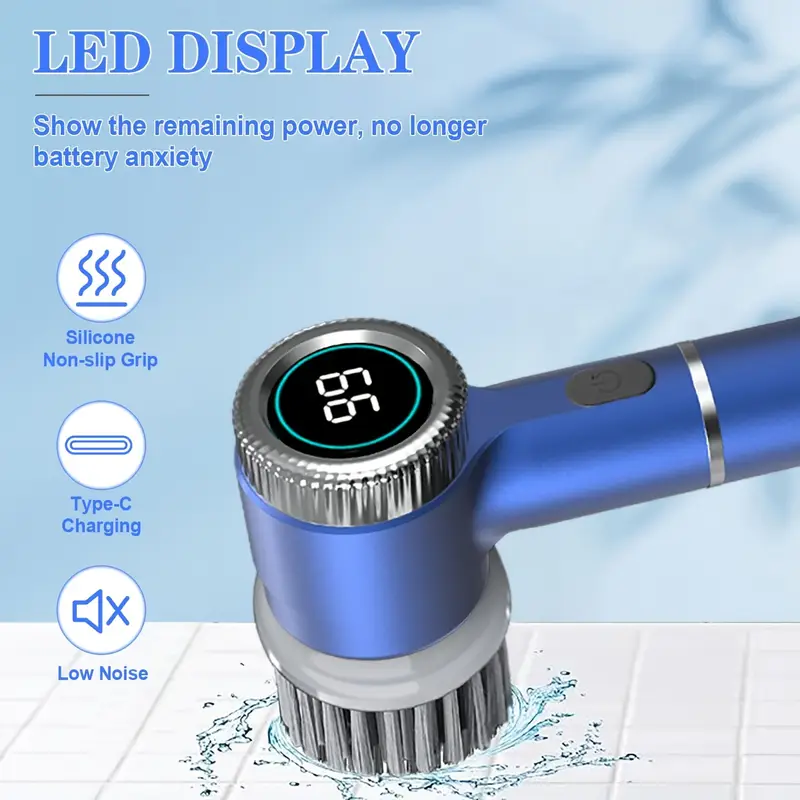 Spazzola elettrica per pulizia blu con display LED e base a setole sul pavimento bagnato