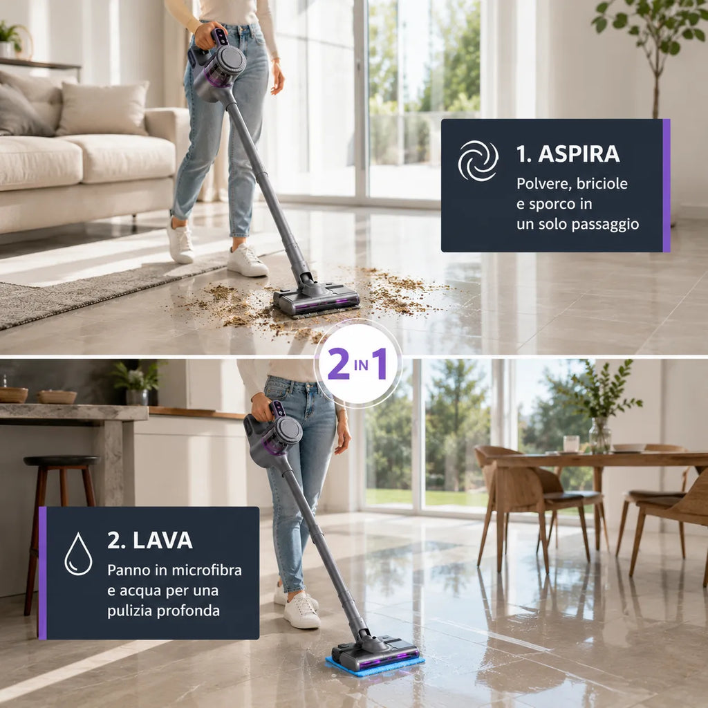 Aspirapolvere senza fili 2-in-1 con spazzola a rullo e funzione lavaggio
