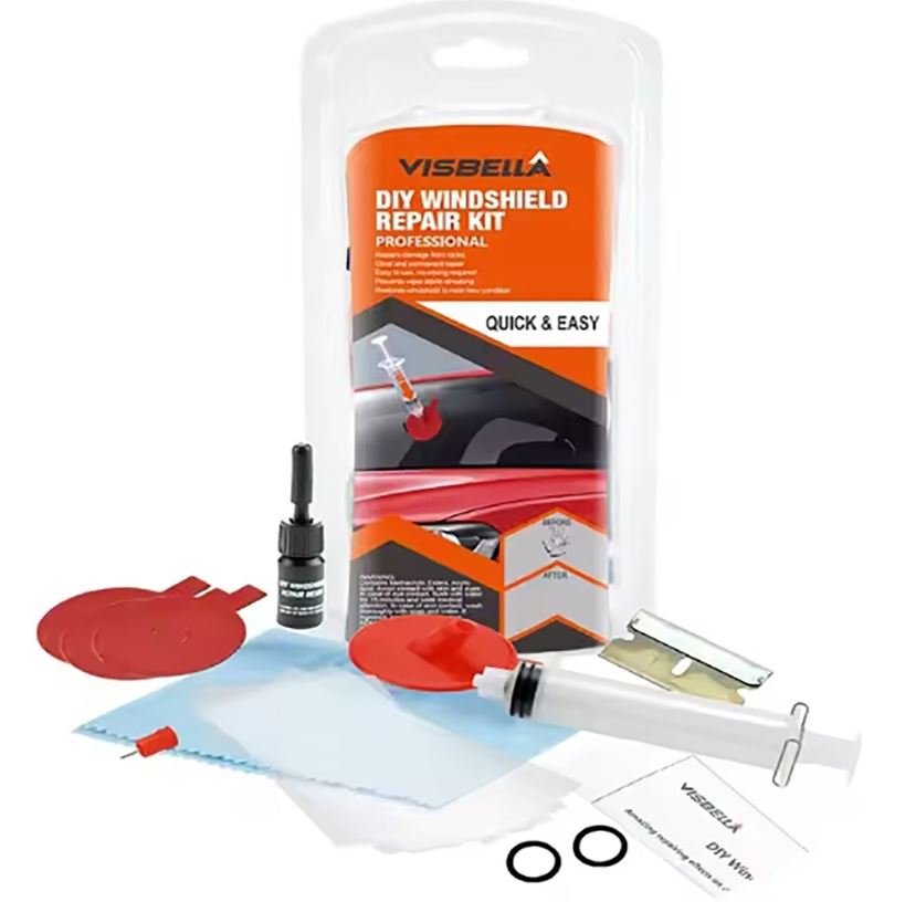 Kit riparazione parabrezza auto con flacone nero, ventose rosse e accessori in valigetta