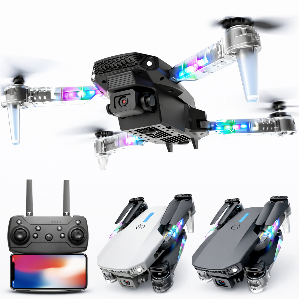 Drone pieghevole con luci LED RGB multicolore e telecomando con schermo.