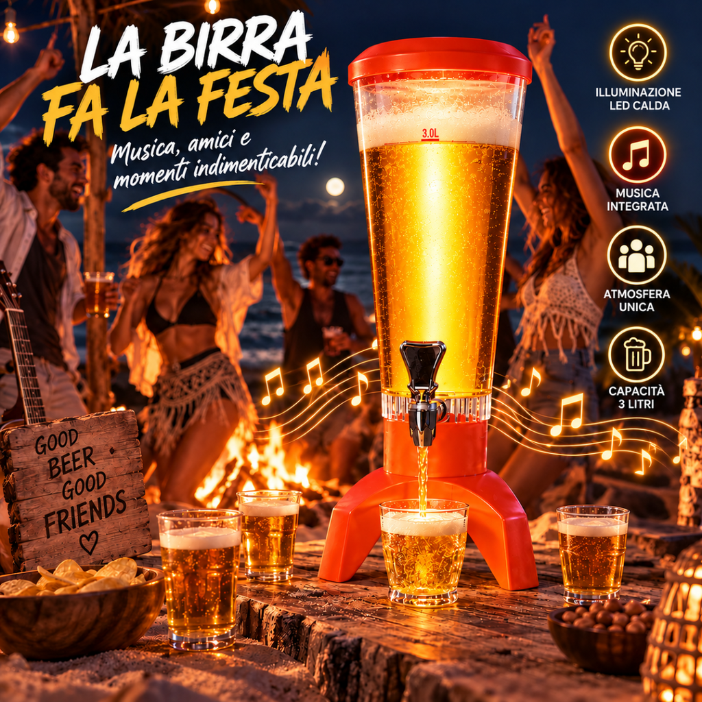 Dispenser birra a torre rosso con serbatoio trasparente e rubinetto, luci LED