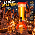Dispenser birra a torre rosso con serbatoio trasparente e rubinetto, luci LED