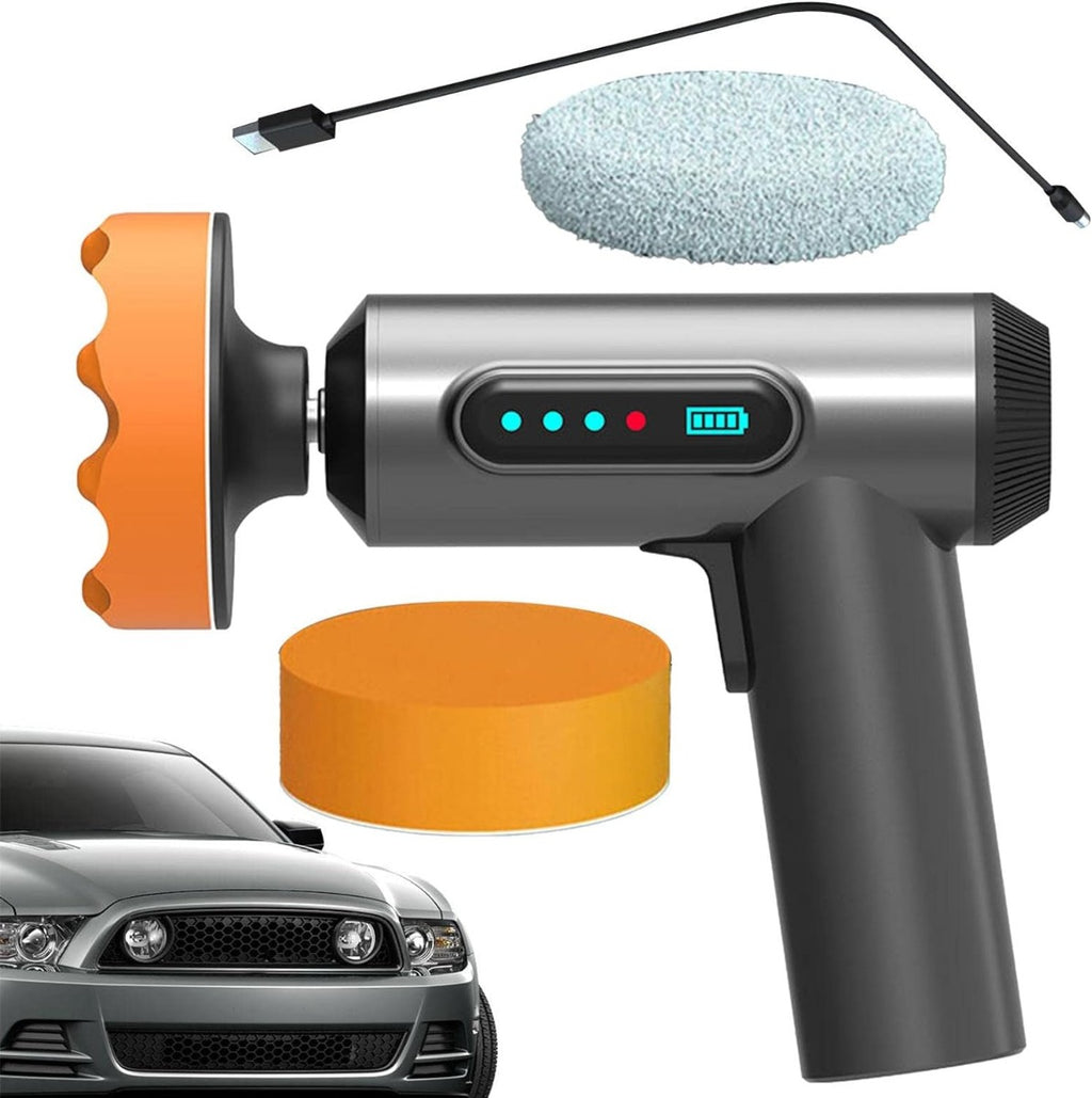 Lucidatrice a batteria per auto con testina arancione e spugna grigia in dotazione