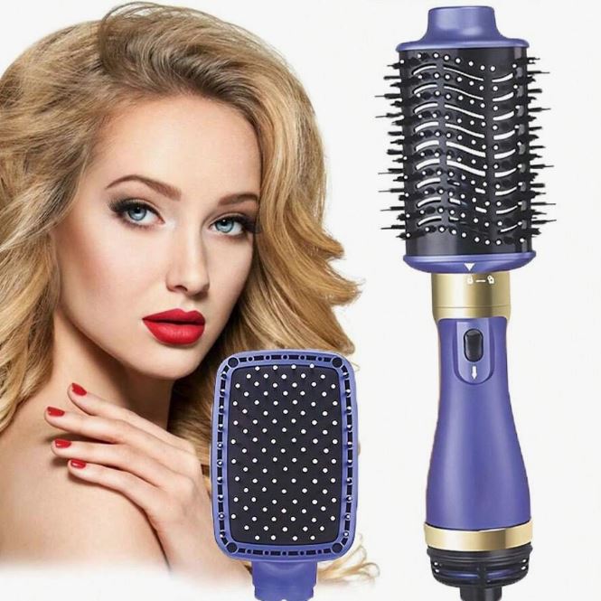 Asciugacapelli styler 2-in-1 blu con spazzola rotante nera e accessorio forato