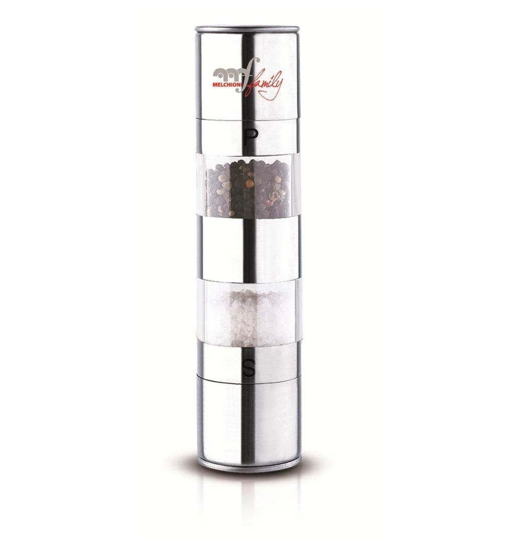 Dispensatore sale e pepe metallico con scritta decorativa e due scomparti trasparenti