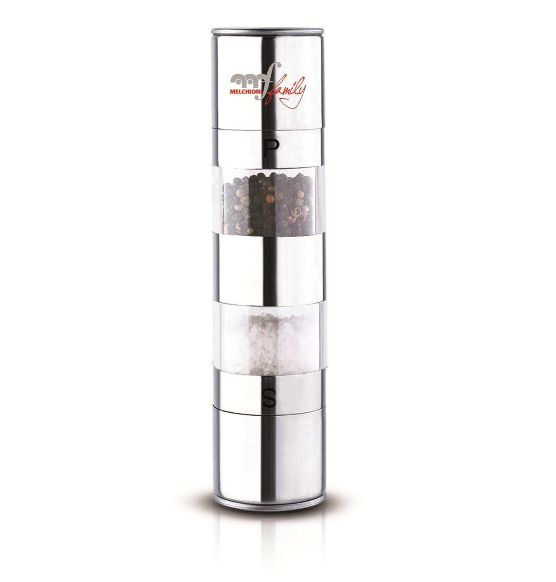 Dispensatore sale e pepe metallico con scritta decorativa e due scomparti trasparenti