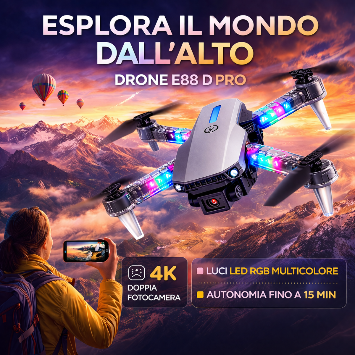 Drone pieghevole con luci LED RGB multicolore e fotocamera, telecomando con smartphone.