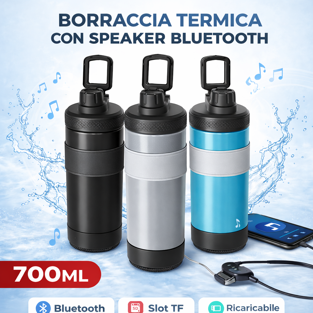 Borraccia termica con speaker Bluetooth, tre colori: nero, argento e blu, tappo apribile