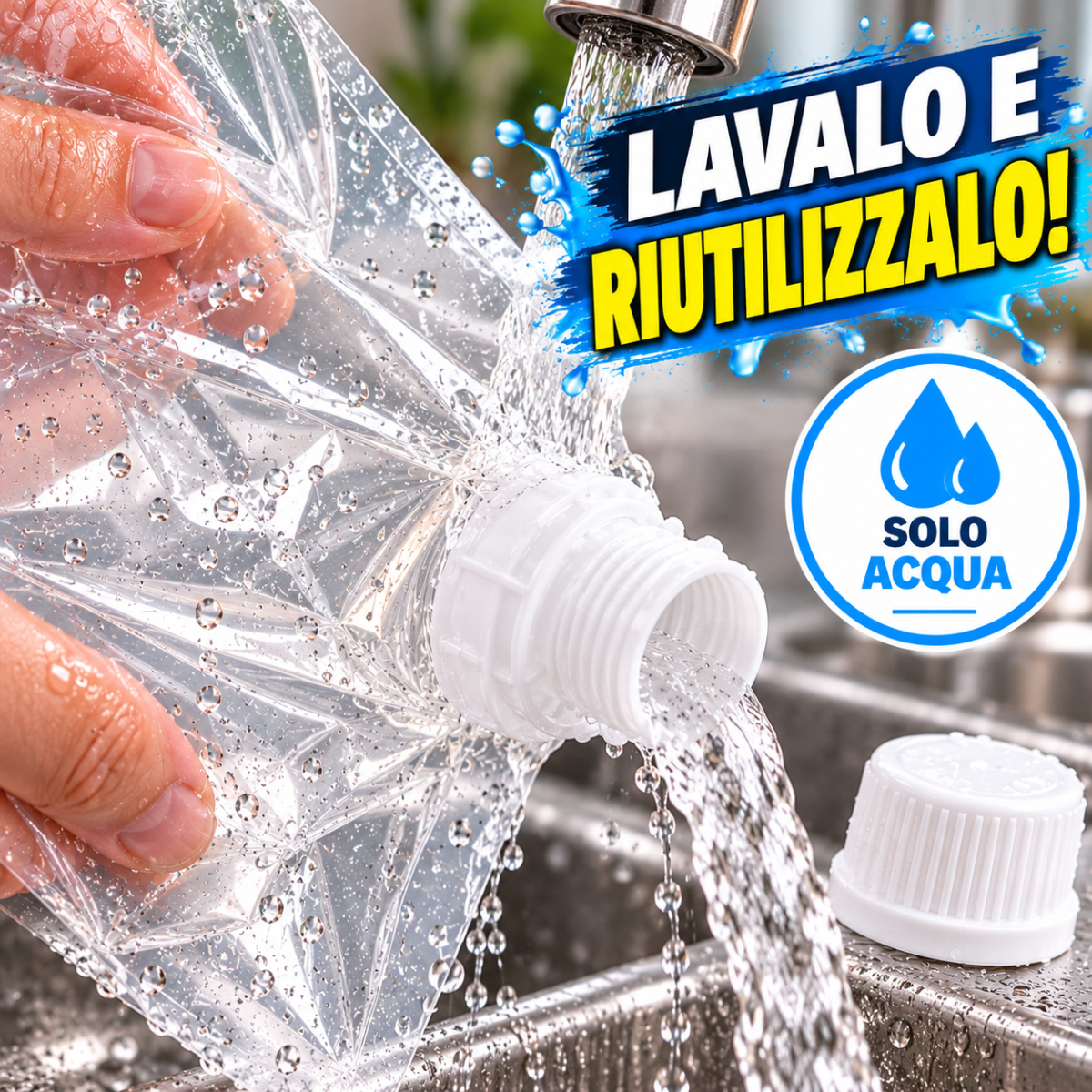 Beccuccio del sacchetto salvaspazio con acqua che scorre, tappo bianco
