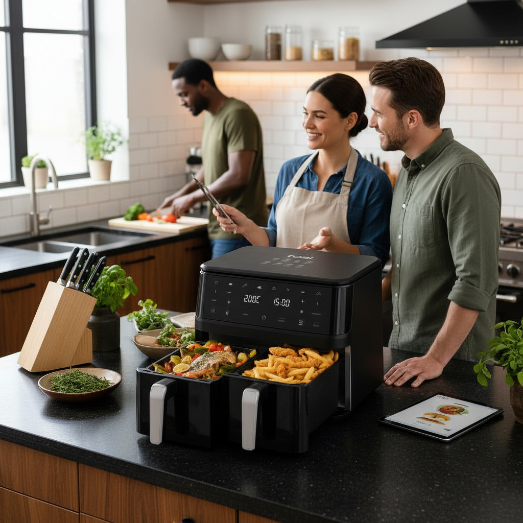 Friggitrice ad aria dual zone nera con doppio cestello e pannello touch, cibi all'interno.