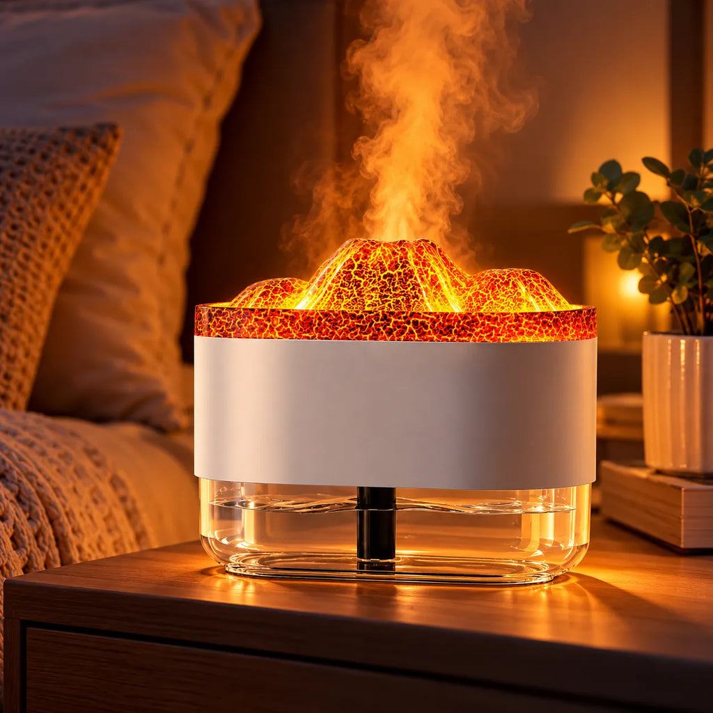 Diffusore di aromi con luce LED effetto vulcano e base trasparente, nebbia