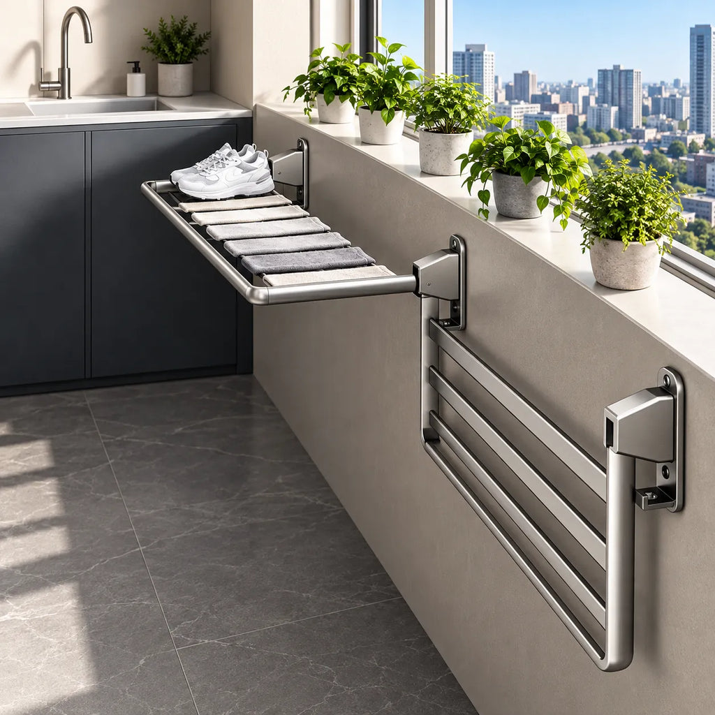 Stendibiancheria da parete pieghevole in acciaio inox con staffe e 3 barre