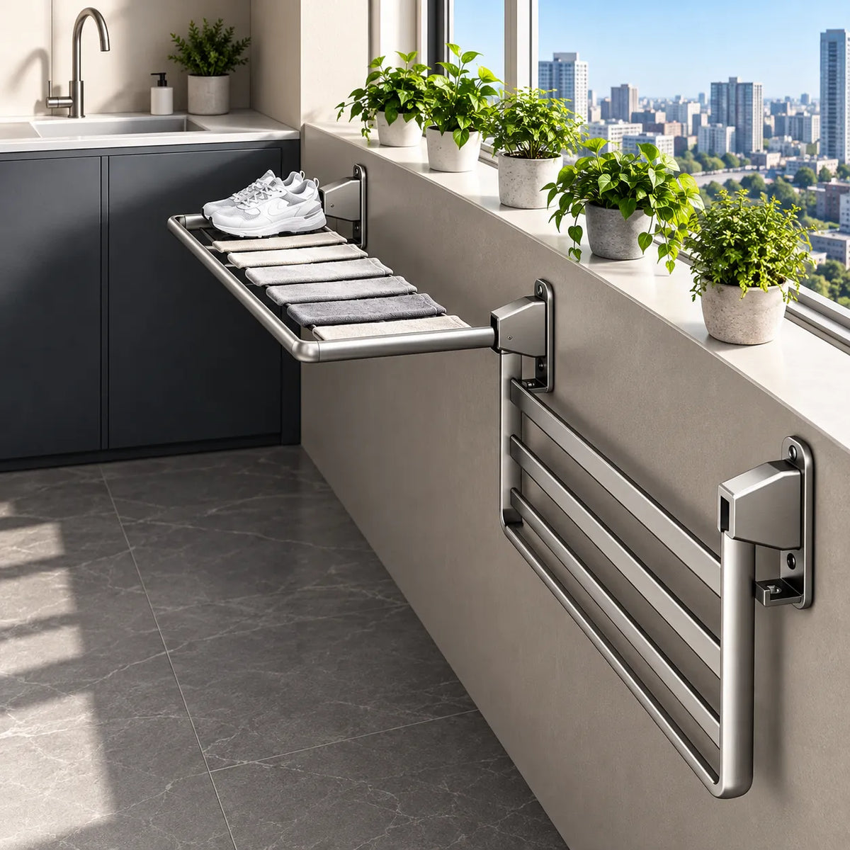 Stendibiancheria da parete pieghevole in acciaio inox con staffe e 3 barre