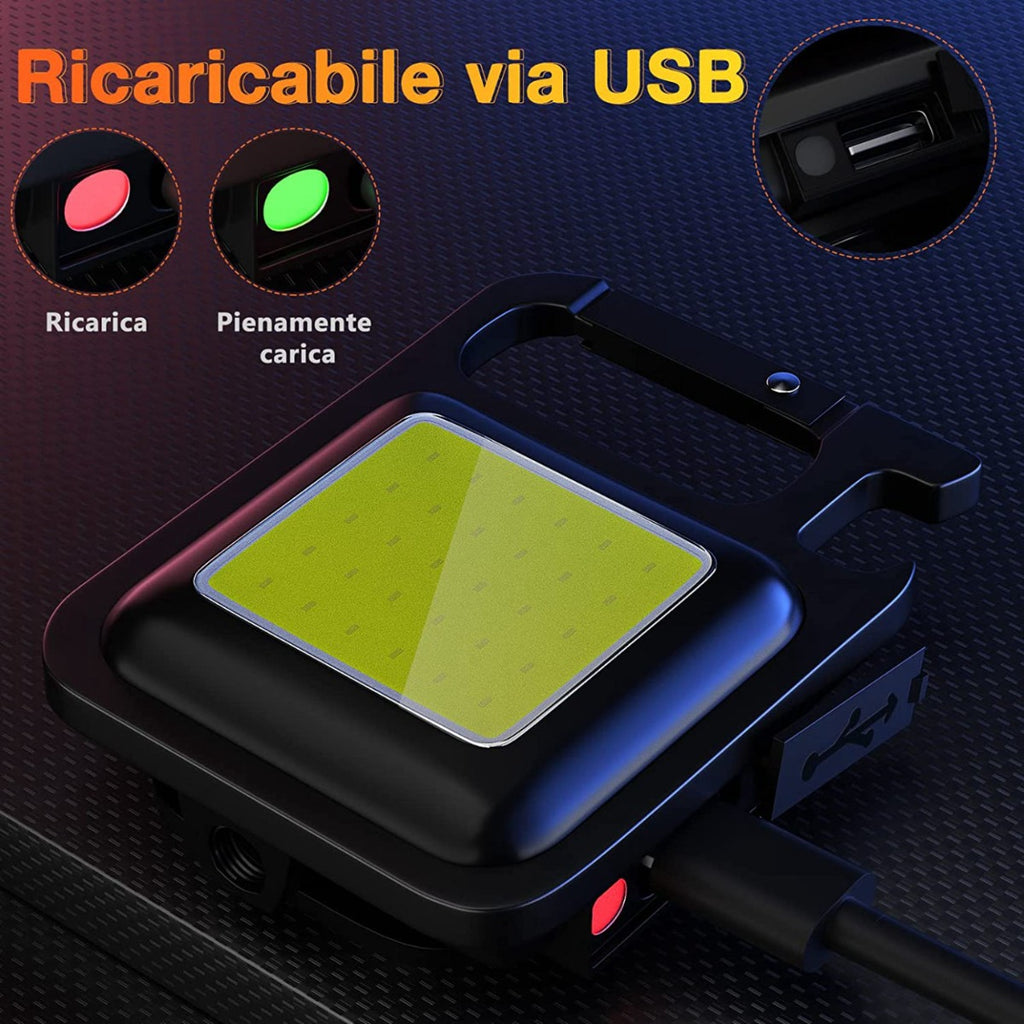 Portachiavi torcia nera USB con luce gialla quadrata e bordo luminoso blu