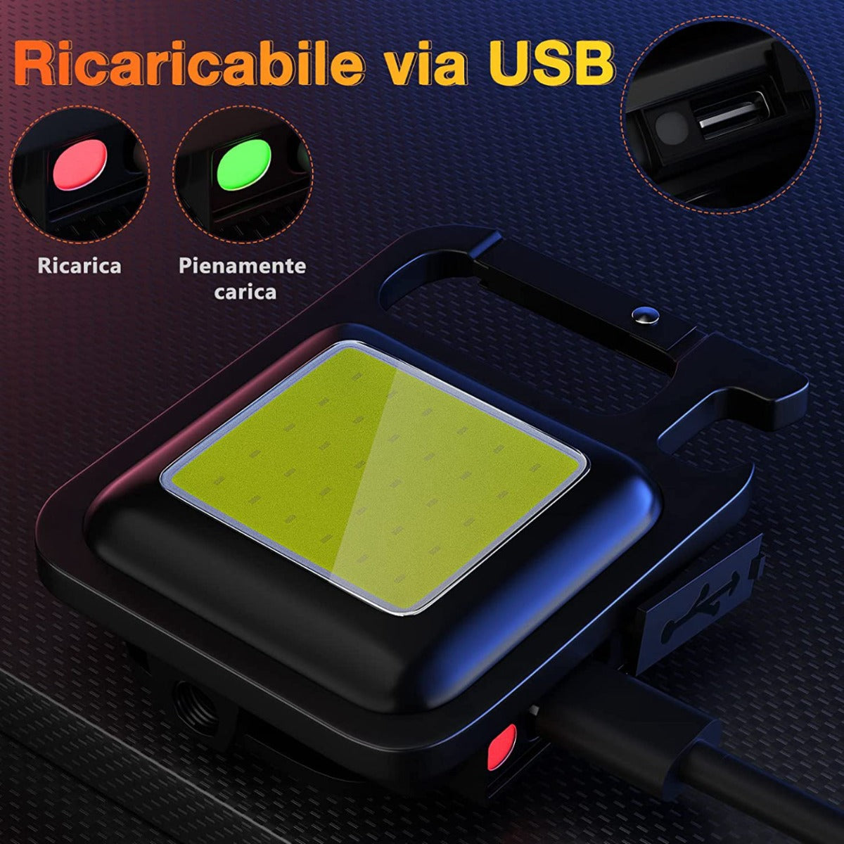 Portachiavi torcia nera USB con luce gialla quadrata e bordo luminoso blu