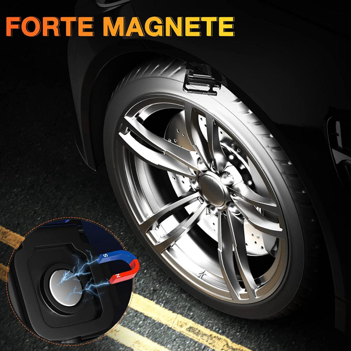 Portachiavi torcia nera magnetica con LED giallo e gancio, illuminazione intensa