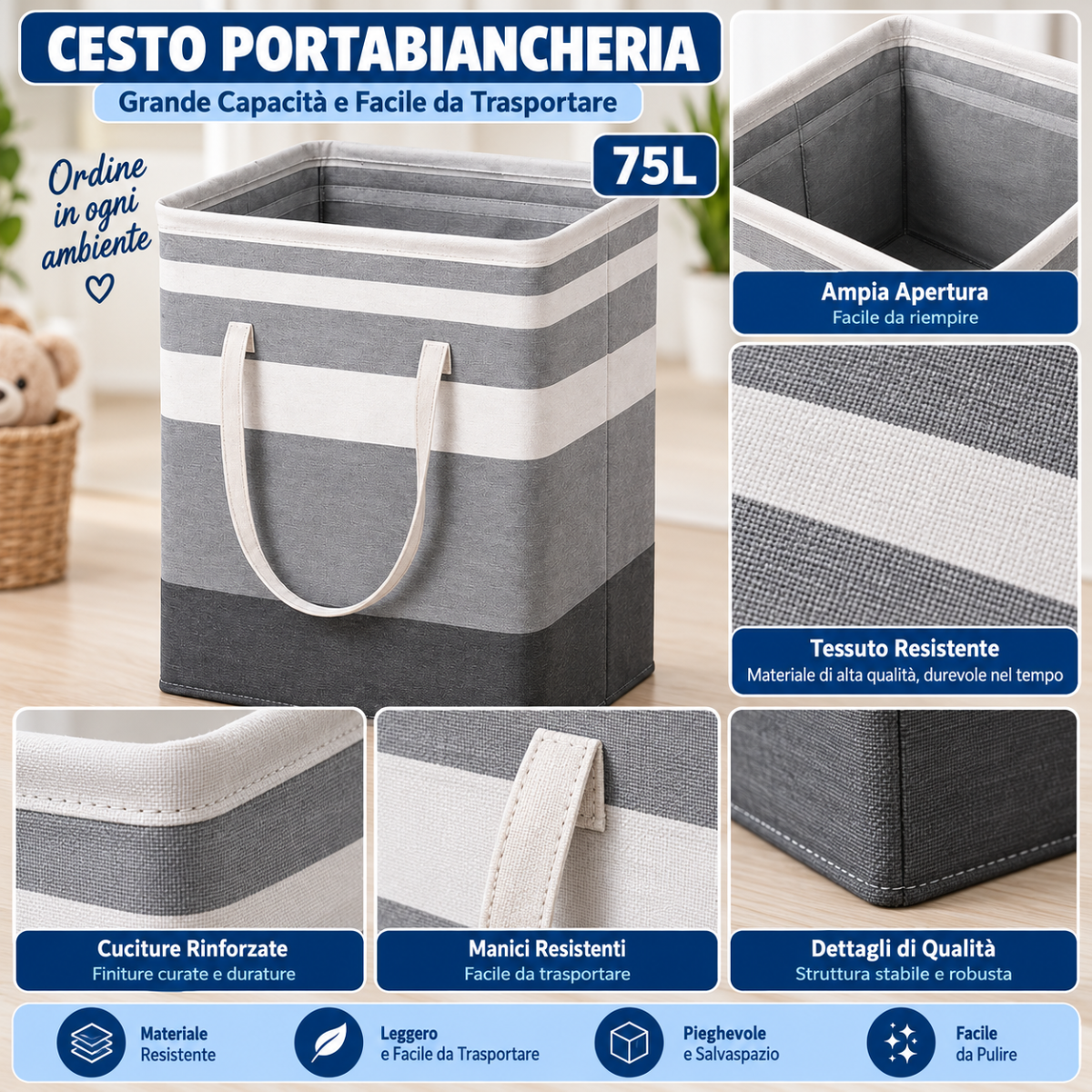 Cesto portabiancheria 75 L grigio a righe bianche con manici, vista laterale