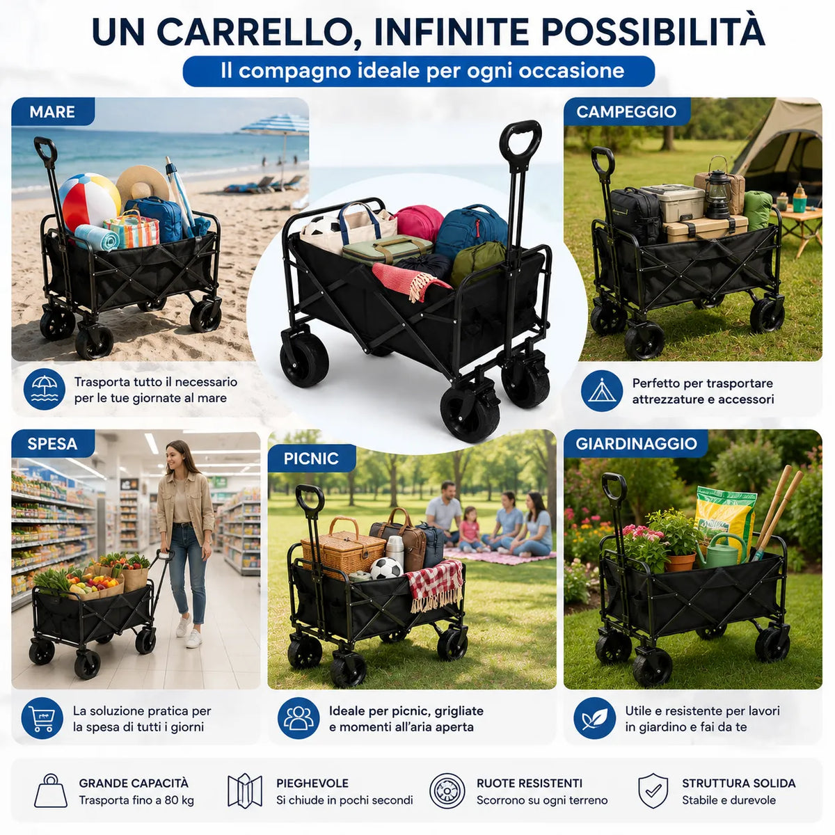 Carrello pieghevole nero multiuso con 4 ruote girevoli 360° e manico