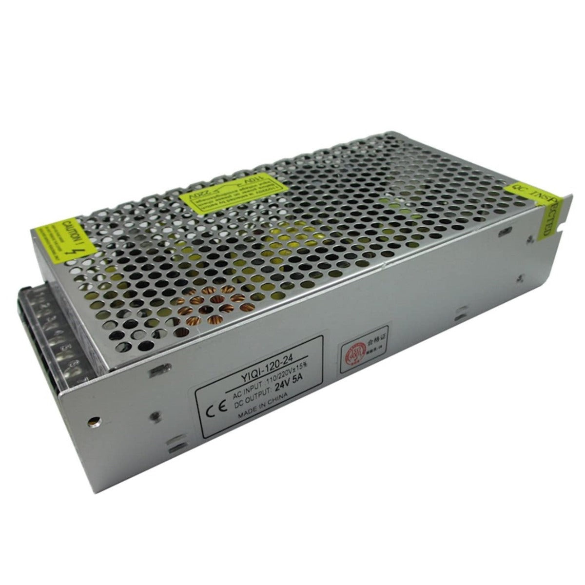 Alimentatore stabilizzato 12V 30A, lato con etichetta e fori di ventilazione