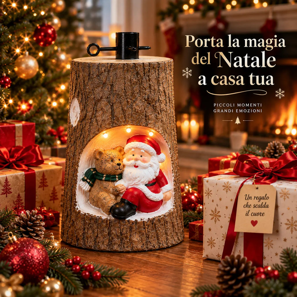 Decorazione natalizia luminosa su tronco effetto legno con Babbo Natale, orsacchiotto e luci