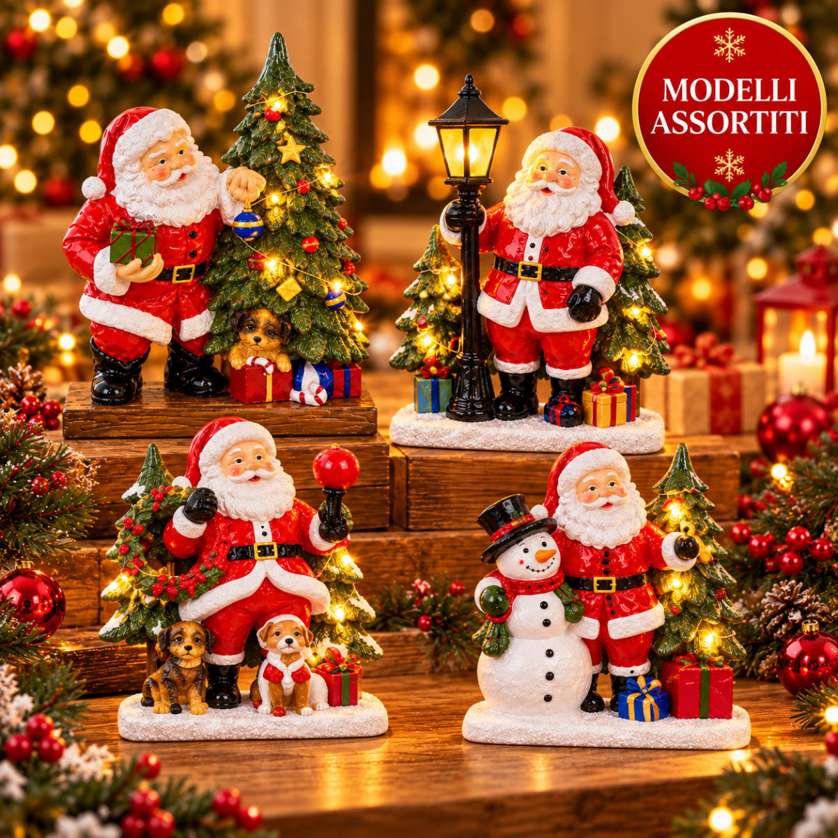 Decorazione natalizia Babbo Natale su base effetto legno con albero di Natale LED