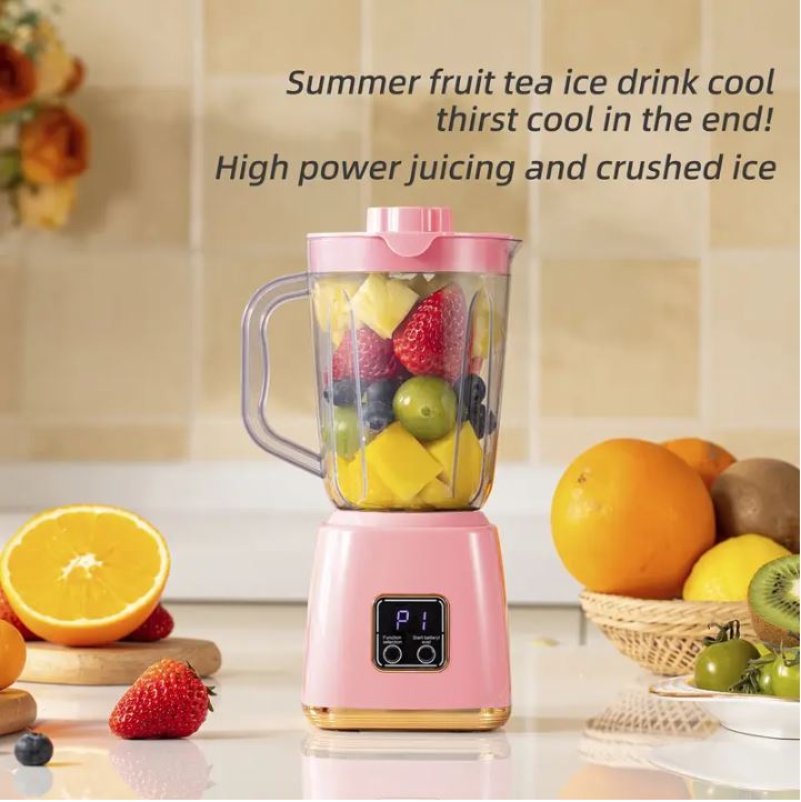 Frullatore portatile USB rosa con caraffa trasparente e frutta a cubetti