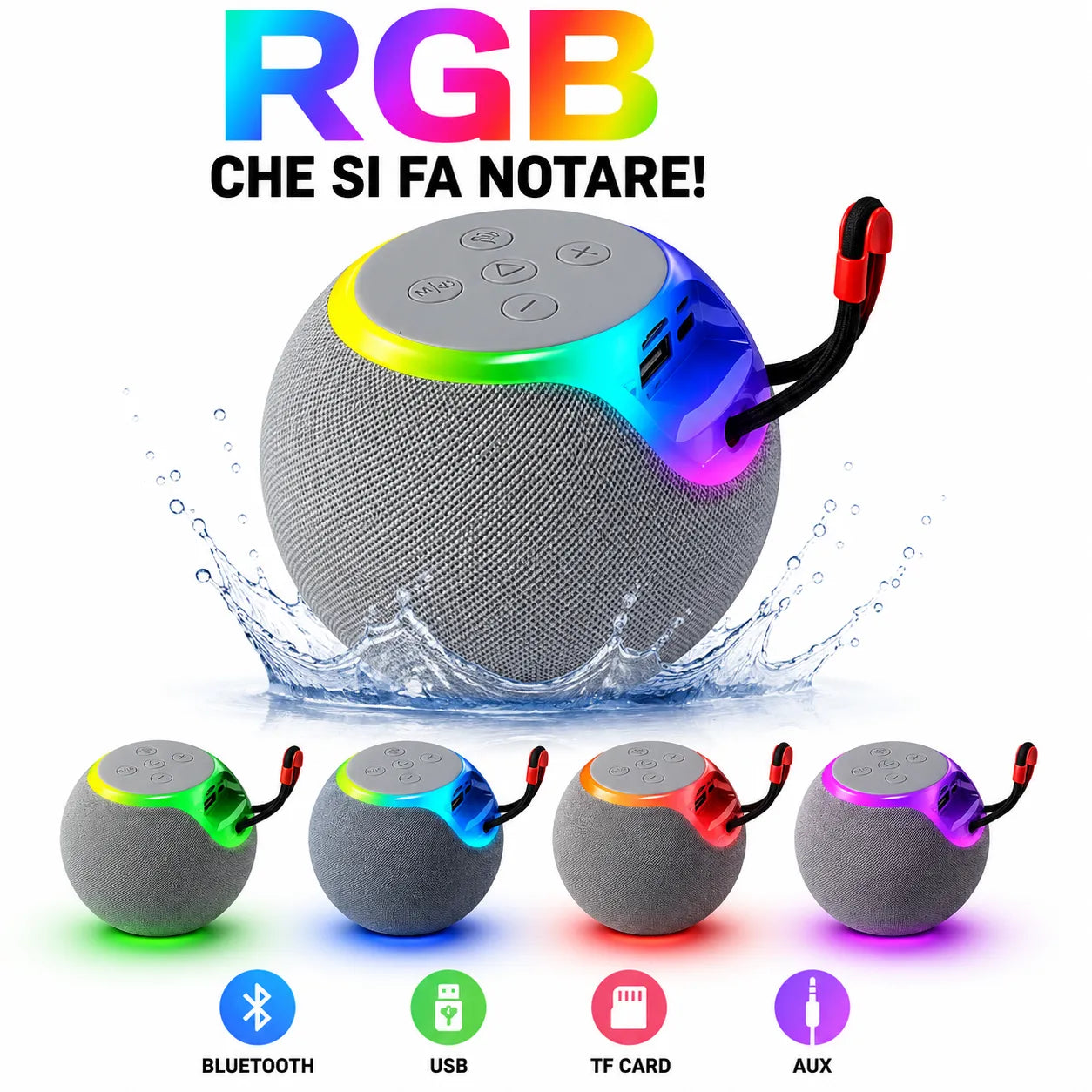 Cassa Bluetooth portatile grigia con luci RGB multicolore e cavo rosso