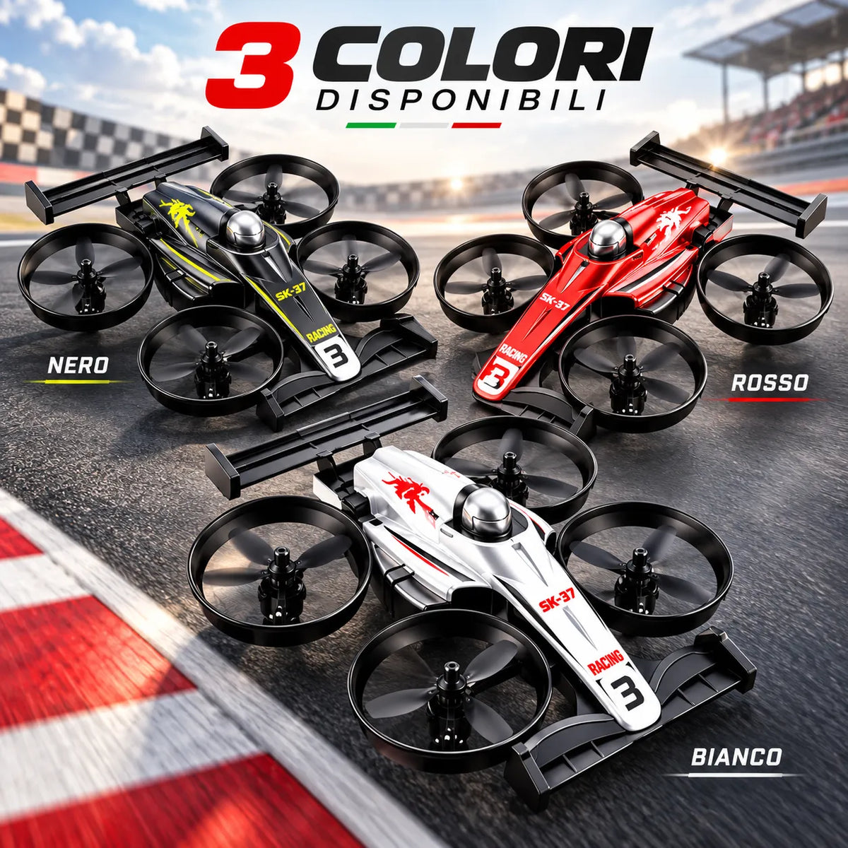 Confezione di 3 quadricotteri RC: nero, rosso e bianco, con protezioni